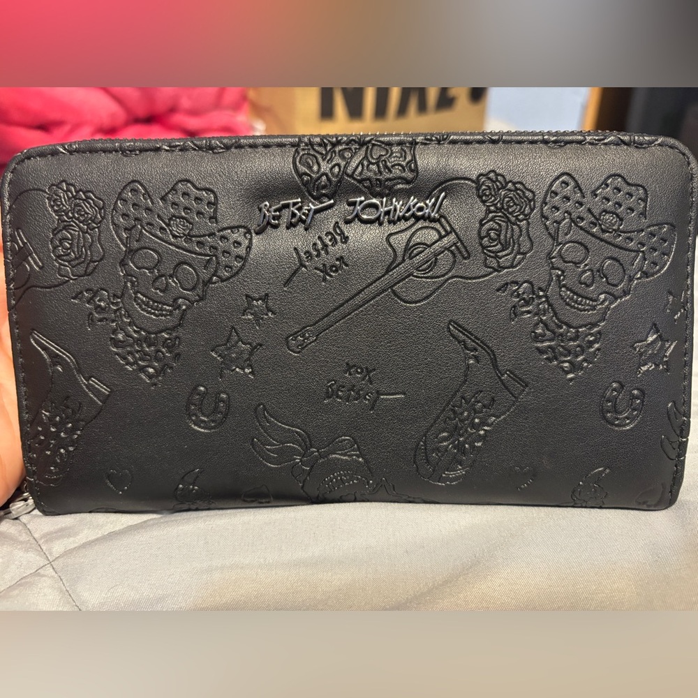 Betsey Johnson Black Embossed Skull and Guitar Wallet
